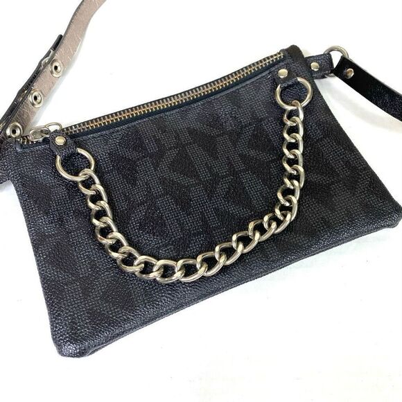 MK Michael Kors Black & Grey Monogram Pull Chain Belt Bag Mini Bag Purse - Picture 2 of 9